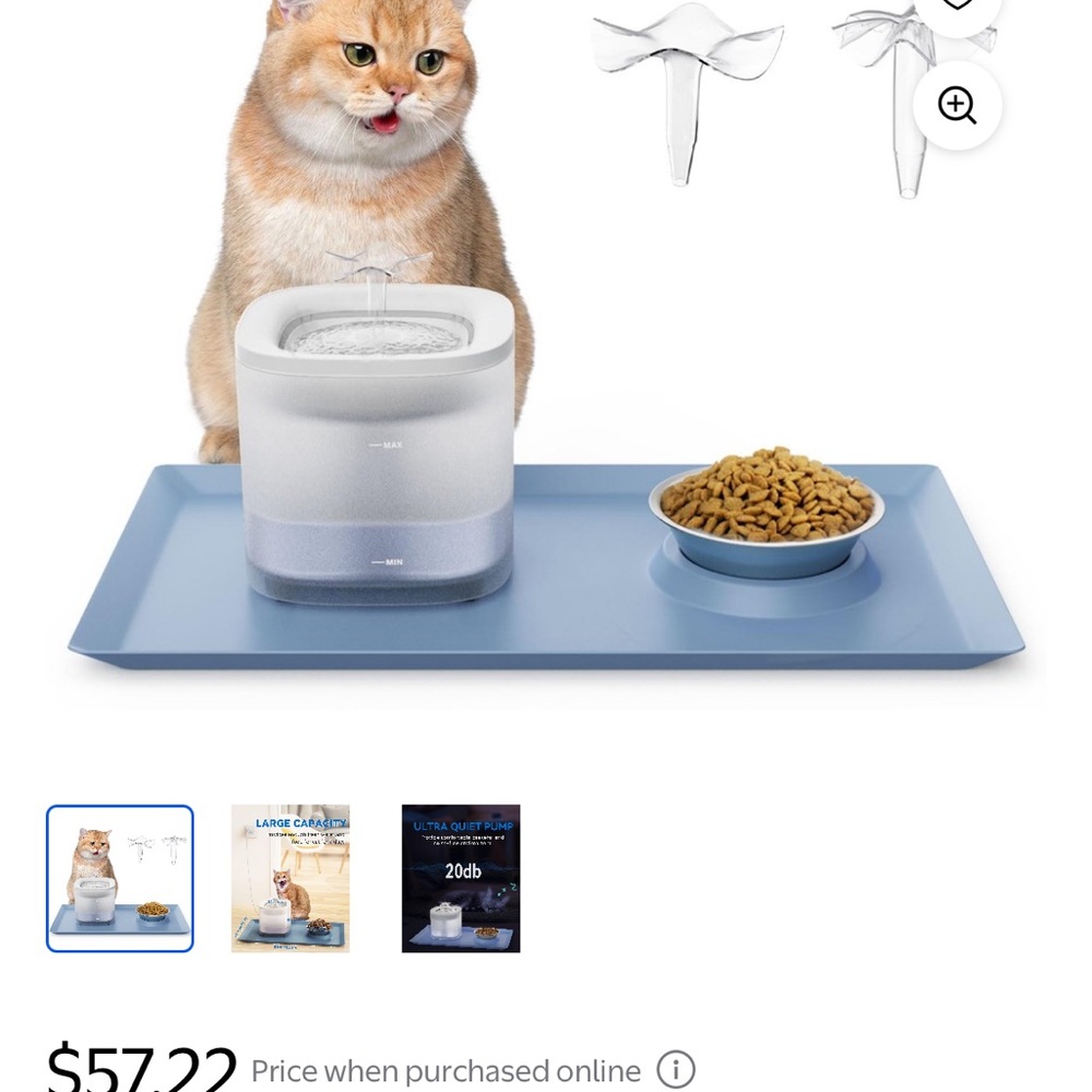 Cat Water Fountain with Blue Tray and food bowl